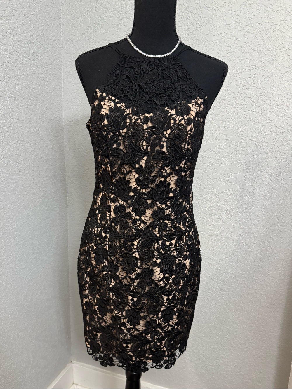 Guess Black Lace Midi Dress with Nude Underlay